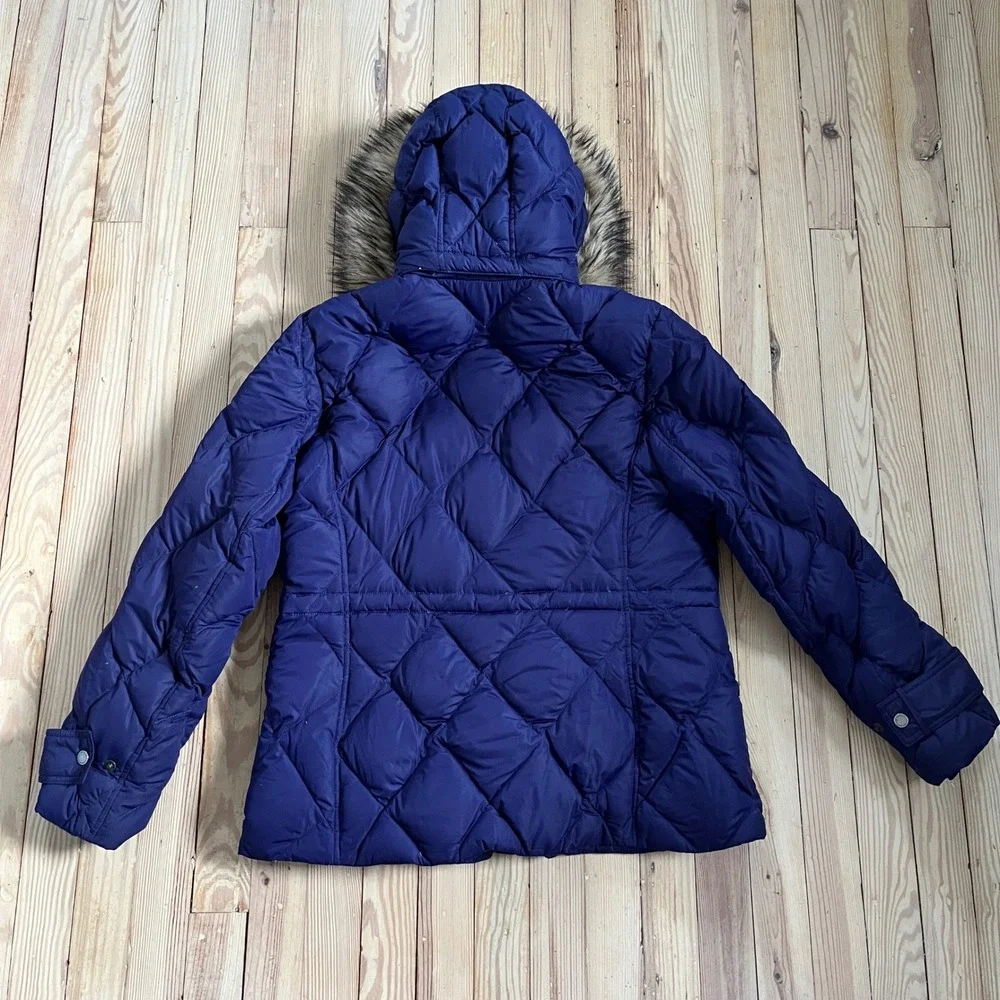 Lands End Women L Purple‎ Diamond Quilted Down Puffer Jacket Faux Fur Hood Lined